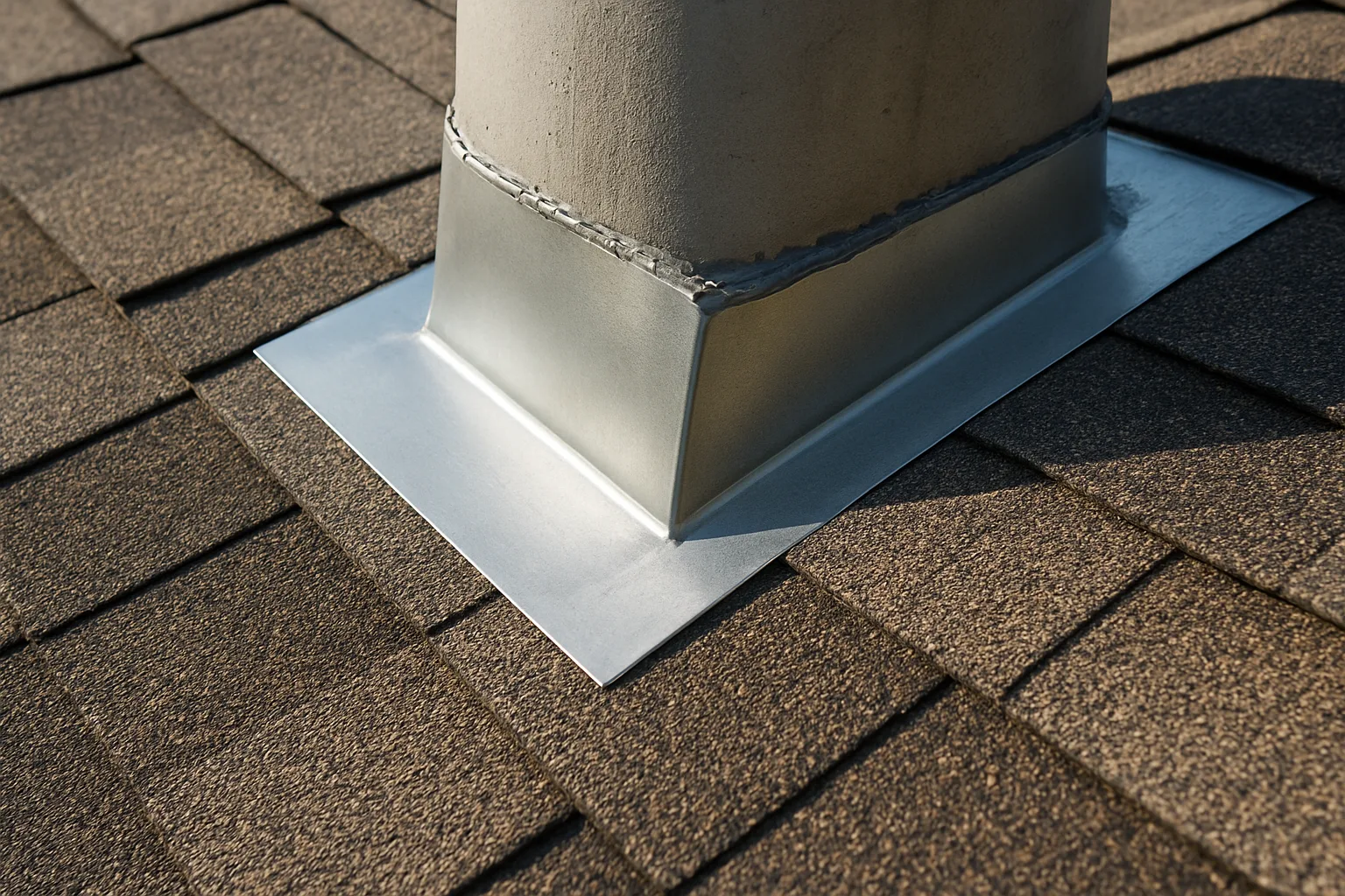 Close-up of roof flashing and sealing work around chimney